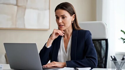 Focused businesswoman working on laptop in modern office environment. - Powered by Adobe