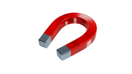 A shiny red horseshoe magnet with metallic silver poles is isolated against a clean black background Bright studio lighting highlights its form repres