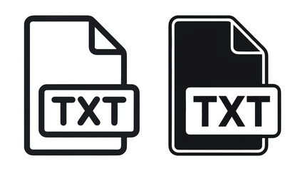 Two distinct TXT text document file icons in dark grayscale tones against a solid black background illustrating digital data and modern interface desi
