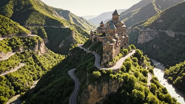 An SUV drives on a winding mountain road towards an ancient stone monastery atop a peak