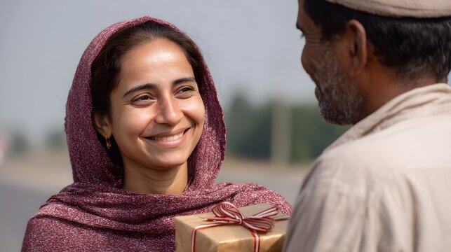 A woman wearing a headscarf smiles joyfully while receiving a wrapped gift from a man sharing a warm appreciative moment outdoors