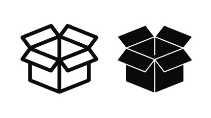 Two distinct digital representations of open cardboard boxes are presented against a dark black background showcasing simple graphic design elements a
