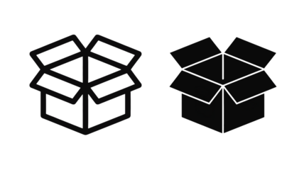 Two distinct digital representations of open cardboard boxes are presented against a dark black background showcasing simple graphic design elements a