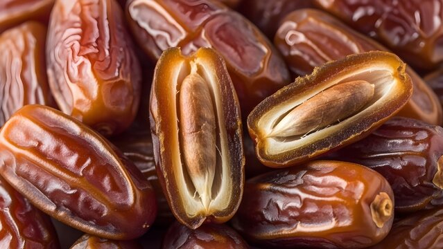 Close-up of fresh dates with some cut open showing seeds