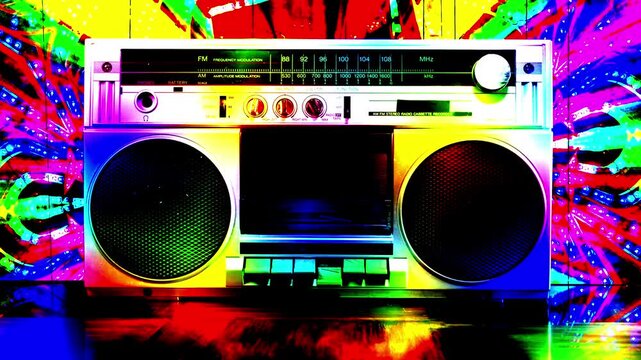 Vintage boombox stereo cassette player, with moving tuner knobs and tape playing. Edited with saturated abstract rainbow colors.