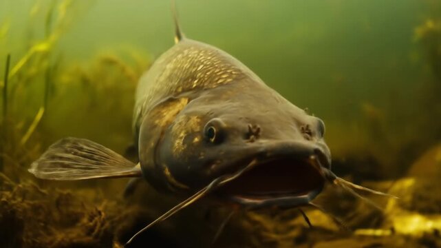 Underwater view of a large catfish swimming in a murky environment