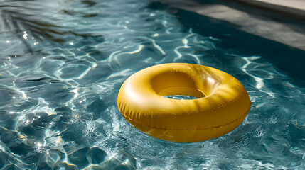 Yellow inflatable ring floating in blue swimming pool water
