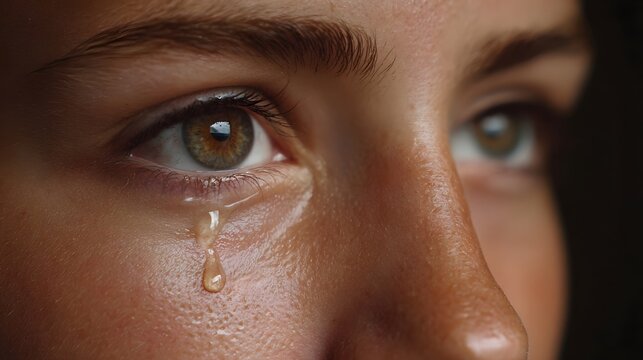 A glistening tear rolls down a human cheek expressing raw emotion