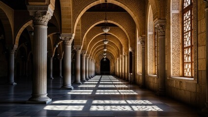 Obraz premium Long hallway with arches, pillars, and sunlight streaming through windows