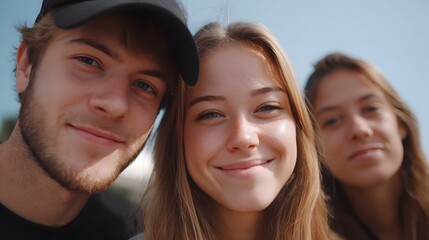 Three young friends capture a joyful selfie outdoors smiling warmly under a bright blue sky representing happiness and connection