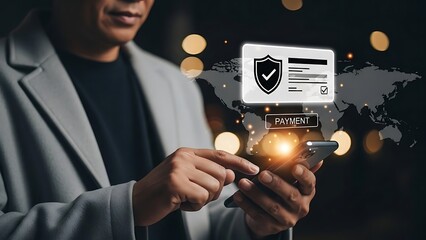 Man using smartphone for secure online payment with global transaction interface