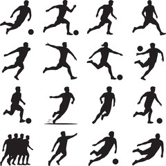 Obraz premium Black silhouettes of soccer players in various poses on white background