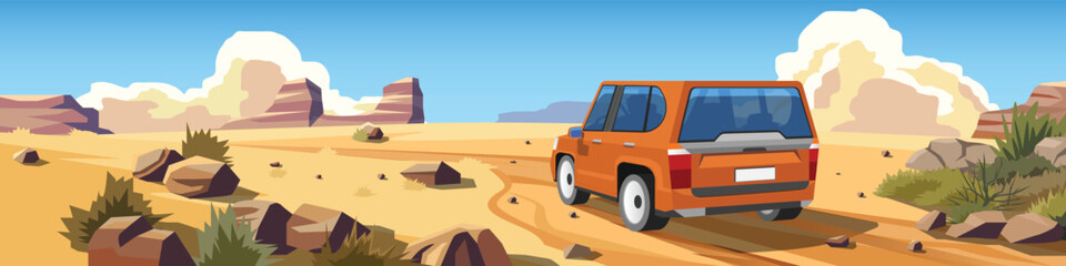 Vector illustration of an orange SUV driving on a sandy dirt road through a desert landscape with rock formations under a blue sky. Off-road adventure and travel concept. for banner background.