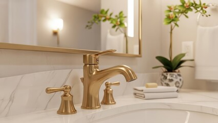 Elegant bathroom vanity with gold faucet, marble countertop, and orchid decor in modern setting
