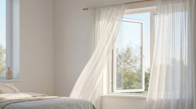 Bright bedroom with white curtains flowing in natural daylight  