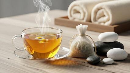 Steaming herbal tea in a clear glass cup.
