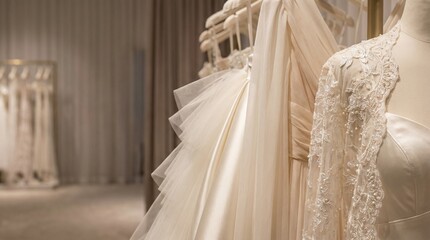 Elegant wedding dresses displayed in bridal boutique interior  