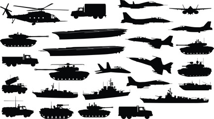 Military vehicle silhouettes collection, tanks, warships, fighter jets, helicopters and trucks, defense force equipment icons isolated on white background © MdNurAlam