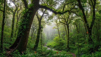 Fototapeta premium Lush, humid rainforest scene with winding path and dense foliage