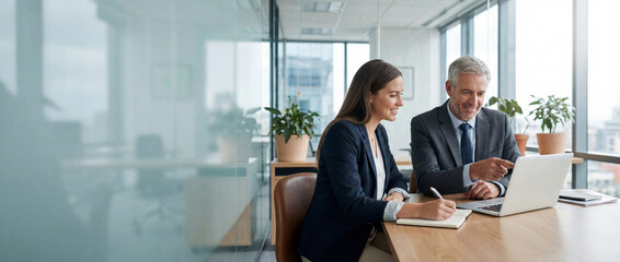 Two professional business people working together. Partners mature man and woman discussing project in office. Team leader explain trainee working process using tablet pc computer. Banner, copy space
