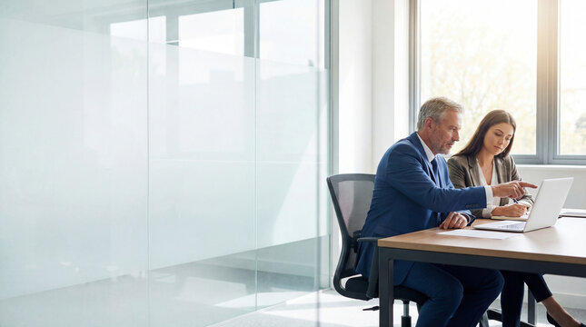 Two professional business people working together. Partners mature man and woman discussing project in office. Team leader explain trainee working process using tablet pc computer. Banner, copy space - Powered by Adobe