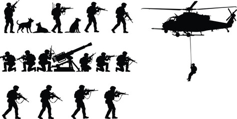 Special forces soldier silhouettes set, military team with dogs, helicopter fast rope insertion, tactical combat operations isolated white background vector