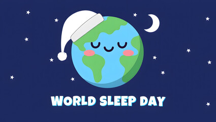 A cute cartoon illustration of sleeping earth celebrating world sleep day