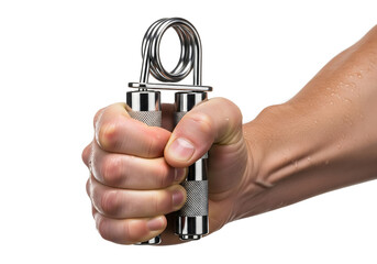 strong male hand squeezing a heavyduty silver grip strengthener against on white background 