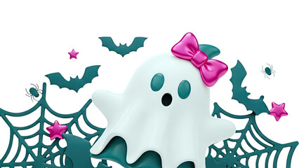 Cute Ghost with Pink Bow and Halloween Decorations