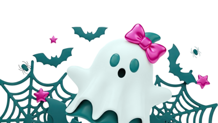 Cute Ghost with Pink Bow and Halloween Decorations