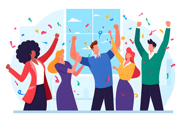 Obraz premium Business team celebrating success with confetti falling in the office.