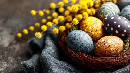 Colorful easter eggs and spring flowers on a festive background celebrating happy easter holiday greetings