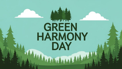 Green harmony day celebration with trees mountains and clouds on a blue background