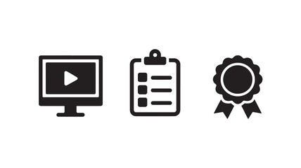 Black Vector Icons Of Video Play, Clipboard And Award Ribbon On White Background For Business And Education Concepts