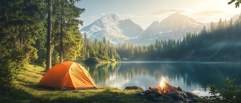 Orange tent set up by a lake with a campfire and mountains in the background during sunset