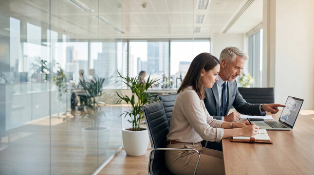 Two professional business people working together. Partners mature man and woman discussing project in office. Team leader explain trainee working process using tablet pc computer. Banner, copy space
