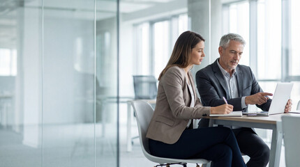 Two professional business people working together. Partners mature man and woman discussing project in office. Team leader explain trainee working process using tablet pc computer. Banner, copy space