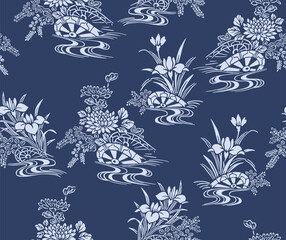 Japanese Luxury Bouquet Flow Motif  Vector Seamless Pattern