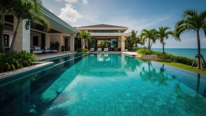 Fototapeta premium Luxurious coastal estate featuring infinity pool, ocean view, and palm trees