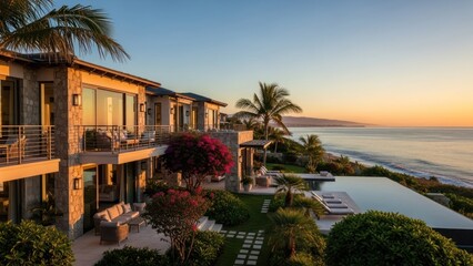 Obraz premium Luxurious coastal estate at sunset, infinity pool, palm trees, ocean view