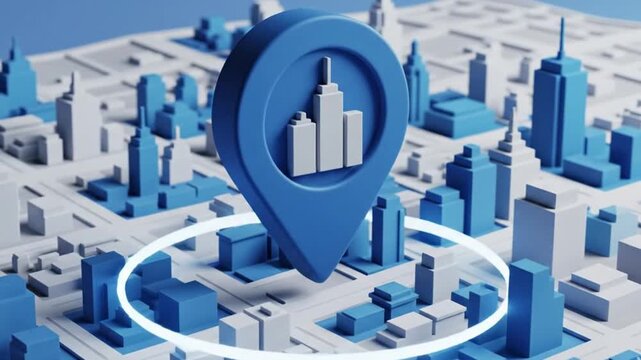 Large blue location pin hovering above a miniature stylized cityscape with glowing ring indicating a central metropolitan destination or navigation marker for business concepts.