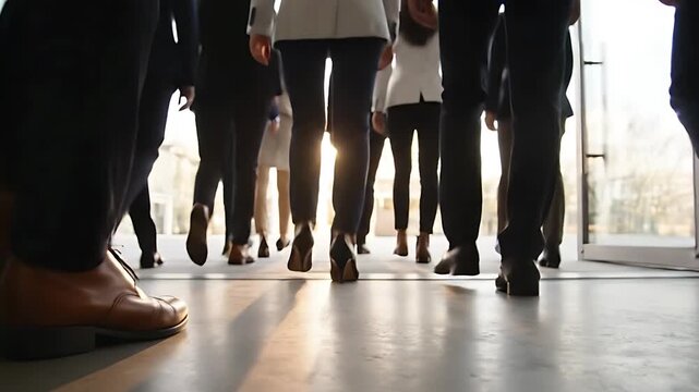 Low Angle View of Business People Walking towards Sunlight at Office Entrance