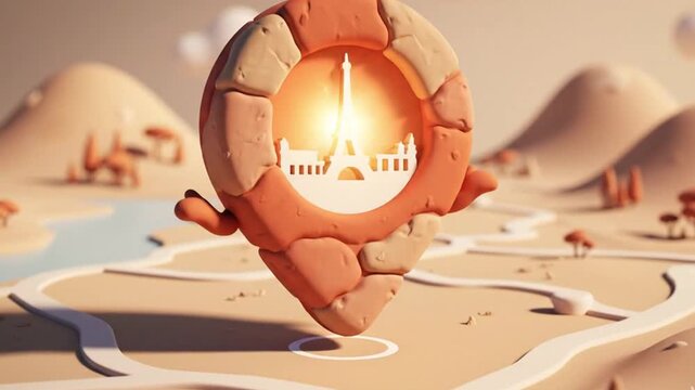 Stylized three dimensional claymation map marker featuring the iconic Eiffel Tower silhouette floating above a miniature landscape representing global navigation and travel destination pinning.