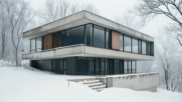 Modern minimalist brutalist house in snowy landscape with large windows.