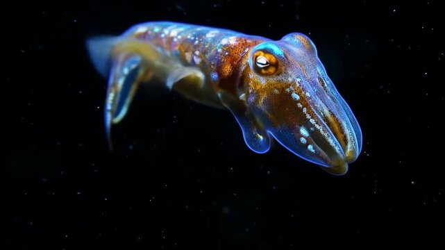 Vibrant cuttlefish swimming in dark water with detailed skin pattern