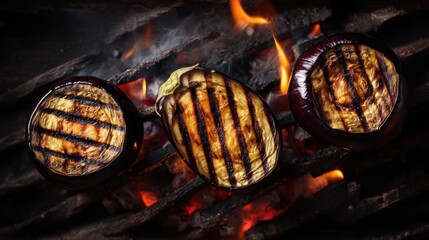 Three halves of eggplant are placed on a grill with flames cooking them. The scene shows the healthy activity of grilling food outdoors during an evening gathering.