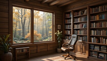 Rustic Cabin Library Interior with Wood Bookshelves and Fall Forest Window Backdrop for Virtual Meetings