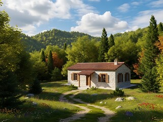 Fototapeta premium Quaint Stone Cottage nestled within a serene forest landscape setting