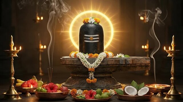 The sacred shivling, dramatically illuminated with a golden halo and incense smoke, is honored with offerings on a dark altar for the spiritual shivaratri.