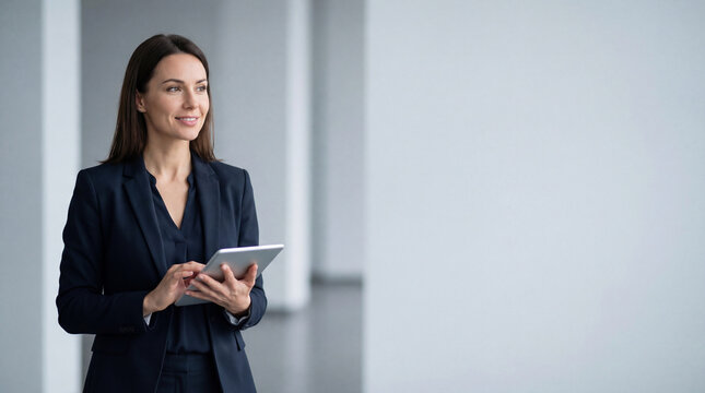 40s mature professional business leader executive woman office worker holding tablet computer isolated. Latin hispanic middle aged businesswoman thinking, dreaming looking away. Web banner, copy space